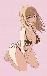 Rule 34 | 1girl, absurdres, artist request, bikini, black bikini, blonde hair, blush, breasts, cleavage, floral print bikini, full body, highres, kitagawa marin, large breasts, long hair, looking at viewer, navel, non-web source, open mouth, red eyes, smile, solo, sono bisque doll wa koi wo suru, source request, swimsuit, teeth, upper teeth only