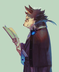 Rule 34 | 1boy, animal ears, black fur, black sclera, blue eyes, blue fire, book, colored sclera, commentary request, dog boy, dog ears, eyewear strap, fire, furry, furry male, glasses, green background, holding, holding book, japanese clothes, male focus, masanori (housamo), smile, snout, solo, sora-ya (uya kyo), tokyo houkago summoners, twitter username, two-tone fur, upper body, white fur