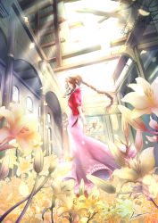 Rule 34 | 1girl, aerith gainsborough, bow, braid, braided ponytail, brown hair, church, cropped jacket, dress, final fantasy, final fantasy vii, final fantasy vii remake, flower, green eyes, highres, holding, holding flower, indoors, jacket, long braid, long hair, looking at viewer, looking to the side, moriiiiiiiiiinn, open roof top, petals, pink bow, pink dress, red jacket, single braid, solo, sunlight