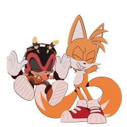 Rule 34 | 2boys, animal ears, antennae, arms behind head, charmy bee, closed eyes, full body, furry, furry male, gloves, highres, multiple boys, multiple tails, red footwear, shoes, simple background, sonic (series), stars kii, tail, tails (sonic), teeth, tongue, tongue out, two-tone footwear, two tails, white background, white footwear, white gloves