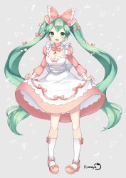 Rule 34 | 1girl, blush, bow, bowtie, breasts, cleavage, dress, green eyes, green hair, hair bow, hatsune miku, highres, himaya, long hair, looking at viewer, matching hair/eyes, open mouth, pigeon-toed, skirt hold, socks, solo, standing, treble clef, twintails, very long hair, vocaloid