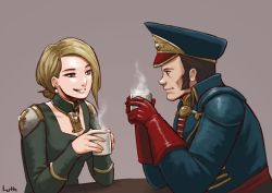 Rule 34 | 1boy, 1girl, amberley vail, blonde hair, brown hair, coffee, commissar, commissar caiphas cain, drink, earrings, gloves, inquisition (warhammer), jewelry, lutherniel, military, military uniform, smoke, uniform, warhammer 40k