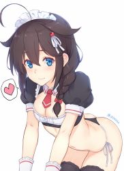 Rule 34 | 1girl, ahoge, ass, bikini, bikini bottom only, black thighhighs, blue eyes, braid, breasts, brown hair, cleavage, closed mouth, crop top, dan (kumadan), hair flaps, hair ribbon, heart, highres, kantai collection, leaning forward, long hair, looking at viewer, maid headdress, md5 mismatch, navel, necktie, no pants, puffy short sleeves, puffy sleeves, red necktie, resolution mismatch, ribbon, shigure (kancolle), shigure kai ni (kancolle), short necktie, short sleeves, side-tie bikini bottom, sidelocks, single braid, small breasts, smile, solo, source larger, spoken heart, stomach, swimsuit, thighhighs, thighs, thong bikini, twitter username, white background, white ribbon, wing collar, wrist cuffs