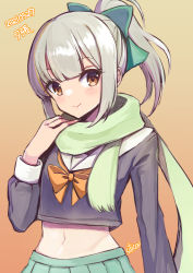 Rule 34 | 1girl, adapted costume, artist name, black shirt, bow, brown eyes, character name, dated, gradient background, green scarf, green skirt, grey hair, hair bow, kantai collection, looking at viewer, midriff, navel, orange background, orange bow, pleated skirt, ponytail, scarf, school uniform, serafuku, shirt, silica (silica silylate), skirt, solo, yuubari (kancolle)