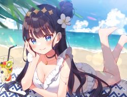 Rule 34 | 1girl, absurdres, beach, bikini, black hair, blue eyes, blue sky, breasts, cleavage, cloud, cloudy sky, cup, day, delicious party precure, drinking glass, drinking straw, feet up, food, frilled bikini, frills, fruit, hair bun, hand on own cheek, hand on own face, head rest, highres, hiiragi syuu, jewelry, kasai amane, light blush, long hair, looking at viewer, lying, medium breasts, necklace, ocean, on stomach, outdoors, precure, sand, single hair bun, sky, solo, sparkle hair ornament, swimsuit, the pose, towel, water, white bikini