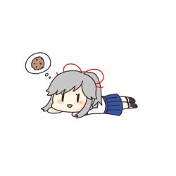 Rule 34 | 1girl, blue sailor collar, commentary request, cookie, food, grey hair, kantai collection, karin., long hair, lying, on stomach, pleated skirt, ponytail, sailor collar, school uniform, serafuku, simple background, skirt, solid oval eyes, solo, thought bubble, usugumo (kancolle), white background