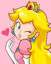 Rule 34 | 1girl, ;o, blonde hair, blue eyes, crown, dress, earrings, elbow gloves, gloves, guichibo, hand on own cheek, hand on own face, heart, highres, jewelry, mario (series), nintendo, one eye closed, pink background, pink dress, princess peach, smile, solo, super mario bros. 1, white gloves