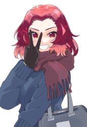 Rule 34 | bag, black gloves, blue sweater, blush, cowboy shot, from side, girls und panzer, gloves, highres, looking at viewer, purple scarf, red eyes, red hair, rosehip (girls und panzer), scarf, school uniform, short hair, shoulder bag, smile, solo, st. gloriana&#039;s school uniform, sweater, v, v-shaped eyebrows, white background, zono (inokura syuzo029)