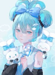 Rule 34 | 1girl, :d, ^ ^, absurdres, aqua hair, aqua necktie, aqua theme, black sleeves, blue bow, blue eyes, blush, body writing, bow, cinnamiku, cinnamoroll, closed eyes, closed mouth, cloud hair ornament, collared shirt, commentary, creature, creature on shoulder, detached sleeves, food, frilled shirt, frilled shirt collar, frills, grey shirt, hair between eyes, hair bow, hatsune miku, highres, holding, holding creature, holding food, looking at viewer, matching outfits, necktie, on shoulder, open mouth, popsicle, powa (36iii), sanrio, shirt, sleeves past fingers, sleeves past wrists, smile, solo, tied ears, updo, upper body, vocaloid