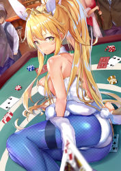 Rule 34 | 2girls, 3boys, ahoge, animal ears, artoria pendragon (all), artoria pendragon (fate), artoria pendragon (swimsuit ruler) (fate), ass, bare shoulders, blonde hair, blue pantyhose, blush, breasts, casino card table, cleavage, detached collar, eric (pixiv9123557), fake animal ears, fate/grand order, fate (series), feather boa, fishnets, green eyes, hair between eyes, highres, king (playing card), king of diamonds, large breasts, leotard, long hair, looking at viewer, multiple boys, multiple girls, necktie, pantyhose, playboy bunny, poker chip, ponytail, rabbit ears, rabbit tail, sidelocks, solo focus, table, tail, thighband pantyhose, white leotard, wrist cuffs