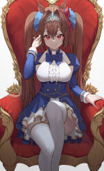 Rule 34 | 1girl, absurdres, animal ears, blue bow, blue bowtie, blue jacket, blue skirt, bow, bowtie, breasts, brown eyes, brown hair, center frills, closed mouth, commentary request, daiwa scarlet (umamusume), feet out of frame, framed breasts, frills, fuyoko, gold trim, hair between eyes, hair bow, hair intakes, hair ornament, hand up, highres, horse ears, horse girl, jacket, large breasts, layered skirt, long hair, long sleeves, looking at viewer, multicolored clothes, multicolored skirt, puffy sleeves, red bow, shirt, sitting, skirt, smile, solo, thighhighs, thighs, throne, tiara, twintails, umamusume, very long hair, white shirt, white skirt, white thighhighs