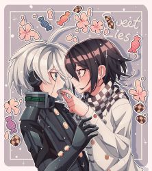 Rule 34 | 2boys, absurdres, ahoge, android, armor, black hair, blush, brown flower, buttons, candy wrapper, checkered clothes, checkered neckwear, checkered scarf, cheer (cheerpuppy14), commentary, cookie, danganronpa (series), danganronpa v3: killing harmony, eye contact, feeding, flower, food, from side, grey background, grey eyes, grey hair, grey jacket, headphones, heart-shaped food, highres, jacket, looking at another, male focus, multiple boys, oma kokichi, open mouth, outline, power armor, scarf, short hair, striped, white background, white outline, yaoi