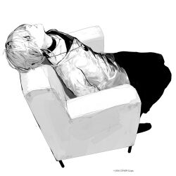 Rule 34 | 1boy, armchair, chair, choker, closed mouth, copyright notice, from side, full body, greyscale, hair between eyes, highres, holostars, jewelry, looking up, male focus, monochrome, official art, pants, pendant, profile, rikka (holostars), shirt, shoes, short hair, simple background, sitting, solo, sweater, unrefle, virtual youtuber, white background