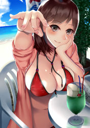 Rule 34 | 1girl, absurdres, arm support, beach, bikini, blue sky, blush, breasts, brown hair, cherry, closed mouth, cloud, cocktail, collarbone, cup, day, drink, drinking glass, drinking straw, eyebrows, flower pot, food, fruit, grey eyes, hand gesture, head rest, head tilt, highres, horizon, ice, ice cream, ice cube, jacket, large breasts, liquid, looking at viewer, mole, mole on breast, mole under eye, nail polish, navel, ocean, open clothes, open jacket, original, outdoors, pink jacket, pink nails, plant, potted plant, red bikini, sand, short sleeves, sitting, sky, smile, solo, stomach, suika (atelier-yuu), summer, sunlight, swimsuit, table, water