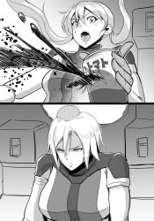 Rule 34 | 2koma, azee gurumin, bifidus, can, comic, commentary, drink, earrings, frown, gloves, greyscale, gundam, gundam tekketsu no orphans, hair between eyes, head bump, jewelry, lafter frankland, long hair, monochrome, open mouth, pilot suit, short hair, sitting, spoilers, surprised, translated, twintails