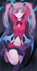 Rule 34 | 1girl, absurdres, arms behind head, arms up, breasts, character request, cleavage cutout, clothing cutout, commentary request, cowboy shot, dark background, dress, grey hair, grin, hair between eyes, hair over one eye, highres, horns, indie virtual youtuber, leg up, long hair, looking at viewer, low wings, medium breasts, navel, pink dress, pink eyes, pink footwear, purple hair, short shorts, shorts, smile, solo, st (youx1119), stomach, twintails, virtual youtuber, wings