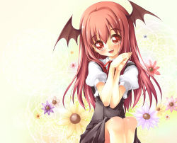 Rule 34 | 1girl, bat wings, embodiment of scarlet devil, female focus, floral background, flower, hair wings, head wings, koakuma, long hair, open mouth, own hands together, red eyes, red hair, sitting, smile, solo, tilm, touhou, wings