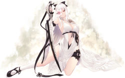 Rule 34 | 1girl, bare shoulders, black bow, black footwear, bow, breasts, cait aron, cleavage, drag-on dragoon, drag-on dragoon 3, dress, flower, flower eyepatch, flower over eye, full body, gloves, hair bow, hair ornament, hair over one eye, highres, holding, holding sword, holding weapon, kneehighs, long hair, looking at viewer, mary janes, medium breasts, navel, parted lips, pelvic curtain, red eyes, shoes, side cape, sidelocks, socks, solo, sword, thigh strap, thighs, weapon, white hair, white socks, zero (drag-on dragoon)