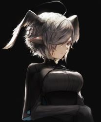 Rule 34 | 1girl, ahoge, black background, black capelet, black theme, breasts, capelet, character request, closed mouth, colored eyelashes, copyright request, eyelashes, facing away, fang, feathered wings, feathers, frown, grey eyes, grey hair, hair between eyes, head wings, highres, isaka wasabi, large breasts, long sleeves, looking away, short hair, simple background, solo, turtleneck, wings