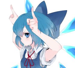 Rule 34 | 1girl, blue bow, blue dress, blue eyes, blue hair, bow, cirno, dress, ice, ice wings, ikurauni, looking at viewer, red ribbon, ribbon, short hair, solo, touhou, wings