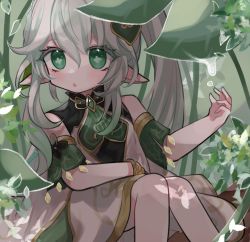 Rule 34 | 1girl, bad id, bad twitter id, cape, child, cross-shaped pupils, detached sleeves, dew drop, dress, genshin impact, gradient hair, green cape, green eyes, green hair, hair ornament, leaf, leaf hair ornament, long hair, mchelique, multicolored hair, nahida (genshin impact), pointy ears, side ponytail, solo, symbol-shaped pupils, water drop, white dress, white hair