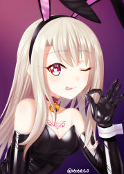 Rule 34 | 1girl, absurdres, alternate costume, animal ears, bell, black gloves, black hairband, black leotard, breasts, chest tattoo, collar, elbow gloves, fake animal ears, fate (series), fellatio gesture, gloves, gradient background, hairband, heart, heart-shaped pupils, heart tattoo, highres, illyasviel von einzbern, jingle bell, leotard, long hair, neck bell, one eye closed, pixiv9799919, playboy bunny, rabbit ears, red eyes, small breasts, solo, strapless, strapless leotard, symbol-shaped pupils, tattoo, tongue, tongue out, upper body, white hair, wrist cuffs