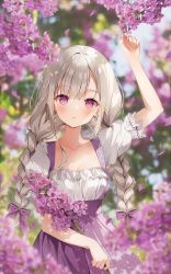 Rule 34 | 1girl, arm up, blurry, blush, bow, braid, depth of field, ears visible through hair, flower, hair bow, highres, holding, holding flower, light particles, lilac, long hair, looking at viewer, low twin braids, low twintails, original, parted lips, petals, puffy short sleeves, puffy sleeves, purple bow, purple eyes, purple flower, purple skirt, purple theme, shirt, short sleeves, skirt, solo, suspender skirt, suspenders, twin braids, twintails, weri, white hair, white shirt