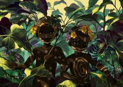Rule 34 | 2boys, bare pectorals, bodypaint, bracelet, branch, closed mouth, commentary request, dappled sunlight, dark-skinned male, dark skin, ethiopia, facepaint, feathers, fern, flower, head wreath, holding, holding branch, jewelry, looking at viewer, male focus, multiple boys, nature, necklace, noeyebrow (mauve), original, outdoors, pectorals, plant, purple flower, shade, signature, smirk, sunlight, tribal, upper body, very dark skin, yellow flower