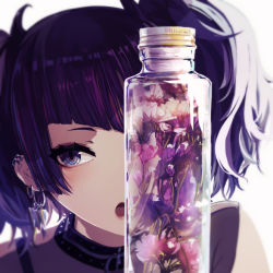 Rule 34 | 1girl, bottle, commentary request, diagonal bangs, ear piercing, earrings, flower, idolmaster, idolmaster shiny colors, jewelry, looking at viewer, minyom, open mouth, piercing, portrait, purple eyes, purple flower, purple hair, simple background, solo, tanaka mamimi, twintails, white background, white flower