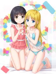 Rule 34 | 2girls, absurdres, ankle wrap, babydoll, bare arms, bare legs, bare shoulders, barefoot, black hair, blonde hair, blue eyes, blue panties, blush, bob cut, brown eyes, closed mouth, frills, heart, heart hands, heart hands duo, highres, holding hands, kneeling, light smile, lingerie, long hair, looking at viewer, multiple girls, navel, open mouth, original, panties, short hair, side-tie panties, smile, toes, tucana, underwear, white panties
