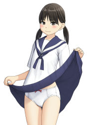 1girl, bangs, black eyes, black hair, blouse, blue neckwear, blue sailor collar, blue skirt, blush, bow, bow panties, closed mouth, commentary request, cowboy shot, crotch seam, eyebrows visible through hair, lifted by self, looking at viewer, low twintails, maburu (lojyq1eur3e8bit), medium hair, miniskirt, neckerchief, original, panties, pleated skirt, sailor collar, short sleeves, simple background, skirt, skirt lift, smile, solo, standing, twintails, underwear, white background, white blouse, white panties