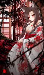 Rule 34 | 1girl, alternate costume, animal ears, bad id, bad pixiv id, bare shoulders, black legwear, breasts, brooch, cleavage, collarbone, dclockwork, floral print, highres, imaizumi kagerou, japanese clothes, jewelry, kimono, large breasts, long sleeves, obi, off shoulder, official art, red eyes, sash, shirt, skirt, solo, touhou, wide sleeves, wolf ears, yukata
