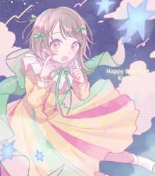 Rule 34 | 1girl, artist name, artist request, back bow, bare legs, blush, bow, breasts, brown hair, dress, female focus, green bow, green footwear, green ribbon, grey hair, hair bow, highres, light brown hair, long sleeves, looking at viewer, love live!, love live! nijigasaki high school idol club, love live! school idol festival, mikuni (trch twitter), mutekikyuu believer, nail, nail polish, nakasu kasumi, night, night sky, outdoors, parted lips, pointing, pointing at self, purple eyes, red eyes, ribbon, shoes, short hair, skirt, sky, small breasts, smile, solo, star (symbol), striped clothes, striped dress, vertical-striped clothes, vertical-striped dress, white detached collar, yellow dress, yellow skirt