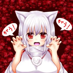 Rule 34 | 1girl, animal ears, autumn leaves, bare shoulders, blush, breasts, detached sleeves, fangs, female focus, fingernails, highres, inubashiri momiji, large breasts, leaf, leaf background, looking at viewer, nail polish, no headwear, no headwear, oohirakeisuke, open mouth, pom pom (clothes), red eyes, short hair, silver hair, solo, touhou, translation request, wolf ears
