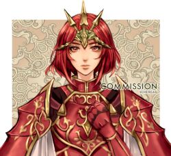 Rule 34 | 1girl, armor, artist name, breastplate, clenched hand, closed mouth, commission, expressionless, fire emblem, fire emblem: mystery of the emblem, looking at viewer, minerva (fire emblem), nintendo, red eyes, red hair, schereas, short hair, shoulder armor, solo, tiara, upper body