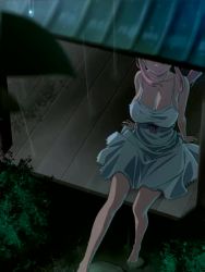 Rule 34 | 1girl, animated, barefoot, bow, breasts, cleavage, closed mouth, collarbone, dark, dress, japanese house, kay yu, large breasts, leaf, long hair, looping animation, original, pink-haired girl (kay yu), pink hair, plant, ponytail, rain, sidelocks, sitting, sleeveless, sleeveless dress, smile, solo, sound, stone, swaying, bouncing breasts, swinging legs, video, water drop