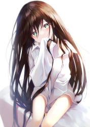 Rule 34 | 1girl, bare legs, between legs, brown hair, covered mouth, dress shirt, green eyes, hair between eyes, hand between legs, head tilt, highres, long hair, looking at viewer, no pants, original, oversized clothes, shirt, sitting, sleeves past wrists, solo, very long hair, white background, white shirt, yk (pixiv43531291)