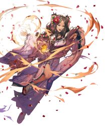 Rule 34 | 1girl, animal ears, braid, breasts, brown hair, chyko, confetti, dark-skinned female, dark skin, facial mark, fingernails, fire emblem, fire emblem awakening, fire emblem heroes, floating, floating object, floral print, flower, full body, glowing, gradient clothes, highres, japanese clothes, kimono, leg up, long hair, long sleeves, looking away, medium breasts, nintendo, non-web source, obi, official art, open mouth, panne (fire emblem), panne (new year) (fire emblem), petals, rabbit ears, red eyes, sandals, sash, solo, stone, tabi, transparent background, turtleneck, twin braids, twintails, wide sleeves, zouri