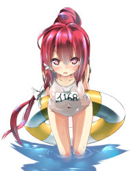 Rule 34 | 10s, 1girl, arms behind back, blush, hair ribbon, highres, i-168 (kancolle), innertube, kantai collection, leaning forward, long hair, looking at viewer, one-piece swimsuit, open mouth, personification, ponytail, red eyes, red hair, ribbon, school swimsuit, school uniform, serafuku, solo, sweatdrop, swim ring, swimsuit, unomi