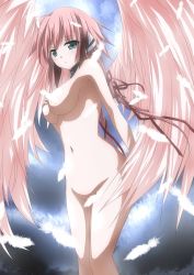 Rule 34 | 1girl, :o, akita hika, angel wings, bad id, bad pixiv id, blush, breasts, censored, convenient censoring, cowboy shot, feathered wings, feathers, green eyes, highres, ikaros, large breasts, navel, nude, pink hair, robot ears, short hair, solo, sora no otoshimono, wings