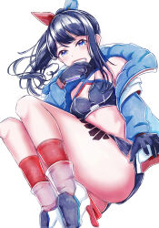 Rule 34 | 1girl, black gloves, black hair, black skirt, blue eyes, blue jacket, cellphone, commentary request, covering own mouth, crop top, gloves, gridman universe, gridman universe (film), hair ribbon, high heels, highres, holding, holding phone, jacket, leg tattoo, long sleeves, looking at viewer, microskirt, midriff, miniskirt, navel, off shoulder, official alternate costume, okanda, open clothes, open jacket, pencil skirt, phone, ponytail, red socks, ribbon, shoes, simple background, skindentation, skirt, smartphone, sneakers, socks, solo, sports bra, ssss.gridman, stomach, takarada rikka, takarada rikka (solarain toys), tattoo, thick thighs, thigh strap, thighs, white background