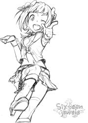 Rule 34 | 1girl, amami haruka, bad id, bad pixiv id, greyscale, idolmaster, idolmaster (classic), irei eri, looking at viewer, monochrome, one eye closed, open mouth, simple background, smile, solo, white background, wink
