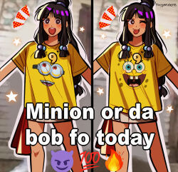 Rule 34 | 1girl, absurdres, ace attorney, artist name, black hair, blush stickers, bright pupils, brown eyes, character print, closed mouth, commentary, despicable me, dot nose, emoji, english commentary, english text, feet out of frame, fire emoji, hair bobbles, hair ornament, half updo, highres, huyandere, impact (font), jewelry, long hair, looking at viewer, maya fey, meme, minion (despicable me), minion or da bob (meme), multiple views, necklace, notice lines, one eye closed, open mouth, outline, print shirt, shirt, short sleeves, smile, spongebob squarepants, spongebob squarepants (series), standing, t-shirt, tan, tongue, tongue out, white outline, white pupils, yellow shirt