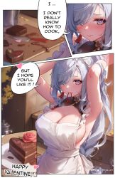 Rule 34 | 1girl, 3koma, apron, armpits, arms up, blue eyes, blush, breasts, cake, chocolate, chocolate cake, cleavage, closed mouth, comic, earrings, english text, flower, food, frills, genshin impact, grey hair, hair tie in mouth, happy valentine, heart, jewelry, knife, large breasts, long hair, looking at viewer, maid headdress, mitsu (mitsu art), mouth hold, naked apron, ponytail, shenhe (genshin impact), sitting, smile, solo, speech bubble, tassel, tassel earrings, thighs, valentine, white apron, white headwear