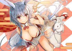 Rule 34 | 1girl, animal ears, bare shoulders, breasts, cleavage, closed mouth, collarbone, detached collar, from above, grey hair, hair between eyes, highres, japanese clothes, kagome (traumatize), kimono, large breasts, leotard, long hair, looking at viewer, nontraditional playboy bunny, original, playboy bunny, rabbit, rabbit ears, rabbit tail, red eyes, sidelocks, single thighhigh, sitting, smile, tail, thighhighs, very long hair, waving, wrist cuffs