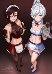 Rule 34 | 2girls, ahoge, alcohol, alternate costume, arm at side, bare shoulders, black choker, black footwear, black gloves, blue eyes, blue footwear, blue ribbon, blue skirt, bottle, breasts, bridal garter, brown pantyhose, choker, cleavage, closed mouth, condom, condom wrapper, corset, crop top, cslucaris, cup, detached collar, drinking glass, earrings, enmaided, fingerless gloves, frills, full body, furrowed brow, gloves, grey eyes, grin, hands up, high heels, highres, holding, holding tray, jewelry, looking at viewer, maid, maid headdress, medium breasts, midriff, multiple girls, navel, neck ribbon, pantyhose, patreon username, ponytail, red hair, red skirt, ribbon, ruby rose, rwby, scar, scar across eye, signature, skirt, small breasts, smile, standing, stomach, swept bangs, thigh strap, thighs, tiara, tray, watermark, web address, weiss schnee, white hair, wine, wine bottle, wine glass