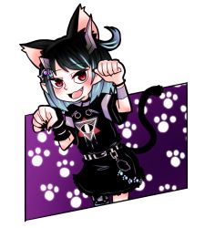 Rule 34 | 1girl, animal ears, arakiinochi, belt, black belt, black dress, black hair, black nails, blue hair, blue thighhighs, blush, cat ears, cat tail, commentary request, demon girl, demon horns, dress, eye hair ornament, eye of providence, fang, flat chest, full body, grey thighhighs, highres, horns, kemonomimi mode, looking at viewer, multicolored hair, nail polish, nanashi inc., official alternate costume, open mouth, paw pose, paw print, pointy ears, red eyes, shishio chris, shishio chris (3rd costume), short hair, short sleeves, single thighhigh, smile, solo, striped clothes, striped thighhighs, sugar lyric, tail, thighhighs, two-tone hair, virtual youtuber, white background, wristband