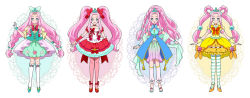 Rule 34 | 1girl, :d, alternate costume, alternate universe, bow, braid, braided hair rings, bridal gauntlets, choker, closed mouth, cure felice, detached sleeves, dress, earrings, food-themed clothes, gem, gloves, green eyes, ha-chan (mahou girls precure!), hair bobbles, hair bow, hair ornament, hair ribbon, hair rings, half gloves, halterneck, hanami kotoha, hat, high heels, highres, jewelry, kagami chihiro, kneehighs, lace, layered dress, leg warmers, long hair, looking at viewer, magical girl, mahou girls precure!, mini hat, mini witch hat, multicolored eyes, multiple braids, multiple persona, multiple views, navel, open mouth, outstretched arms, pantyhose, pink eyes, pink hair, precure, red bow, ribbon, ruby style, sandals, sapphire style, sash, simple background, skirt, smile, socks, striped clothes, striped pantyhose, striped socks, topaz style, twin braids, twintails, very long hair, white background, witch hat