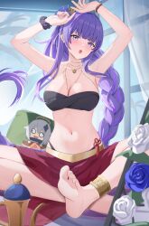 Rule 34 | 1girl, :o, absurdres, alternate costume, anklet, armpits, arms up, bandeau, bare arms, bare shoulders, barefoot, blue flower, blue rose, blunt bangs, breasts, cleavage, commentary request, feet, flower, genshin impact, head tilt, highres, jewelry, large breasts, long braid, long hair, looking at viewer, midriff, nail polish, navel, open mouth, paimon (genshin impact), pharmarr, purple eyes, purple hair, purple nails, raiden shogun, red skirt, rose, sitting, skirt, soles, solo, stomach, very long hair, white flower, white rose