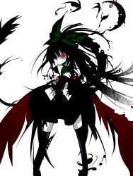 Rule 34 | 1girl, absurdres, bad id, bad pixiv id, bird, black hair, black thighhighs, bow, crow, female focus, glowing, hair bow, hair over one eye, highres, long hair, monochrome, red eyes, reiuji utsuho, solo, spot color, suzuchi1218, tears, thighhighs, touhou, wings